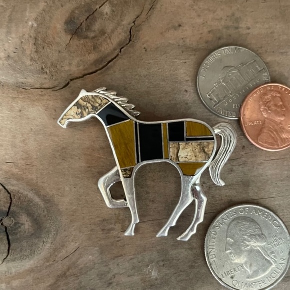 Zuni Inlay Horse Pin Brooch Tiger Eye, Onyx, Jasper, Sterling Silver - Picture 7 of 13